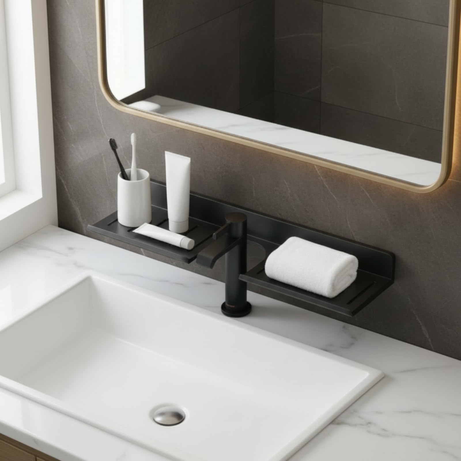 Mensola sopra Lavandino senza Foratura Mensola sopra Rubinetto Resistente All'acqua Organizer da Bagno per Affittuari, 60CM, Grigio Canna Di Fucile