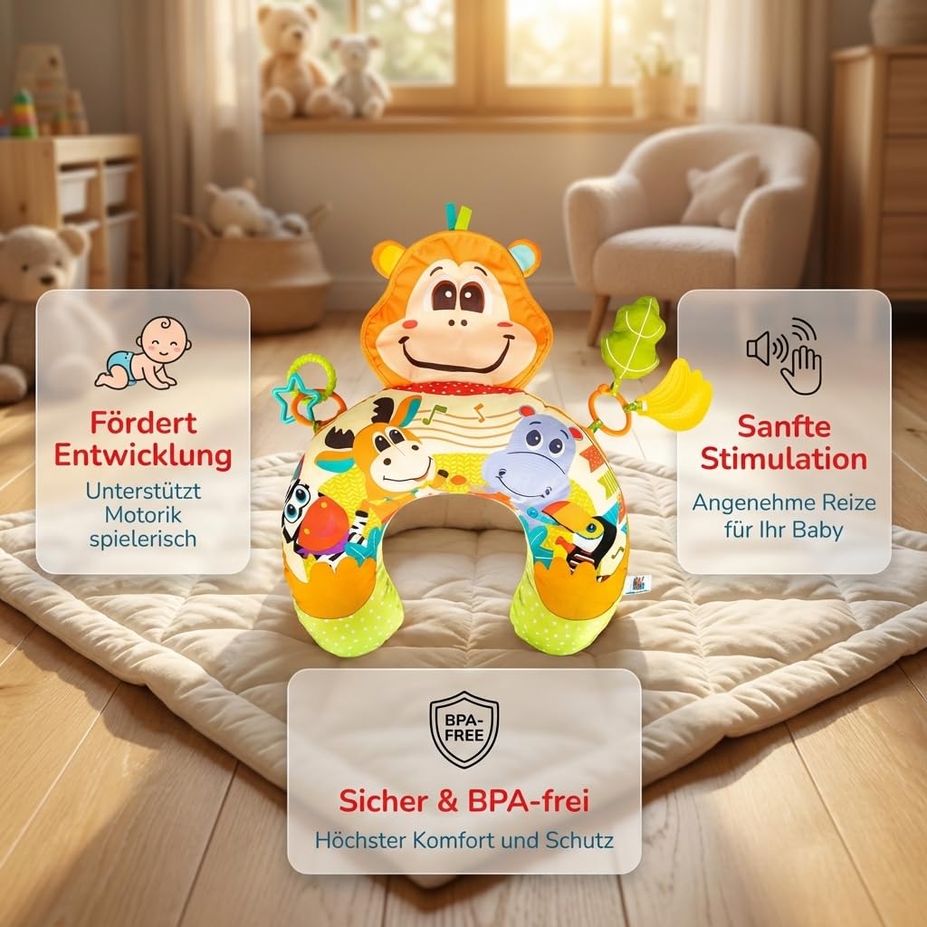 BALIBAZOO Tummy Time Bauchlage Kissen Baby - BPA-Frei Spielkissen ab 0+ Monaten - Sensorisch Bauchkissen mit Knisterpapier, Beißring, Quietscher und Rassel - Ideal zur Förderung der Bauchlage