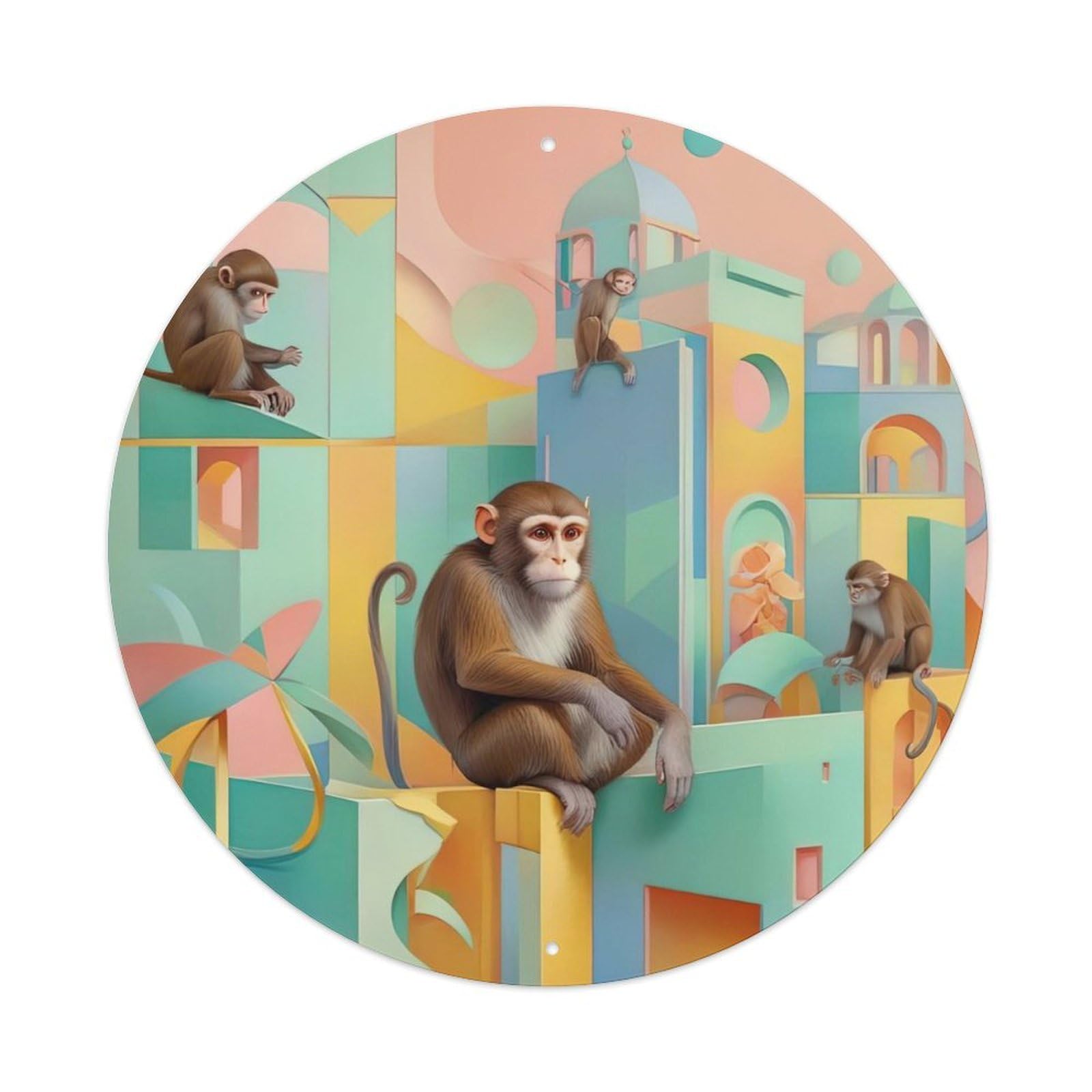 Animal Poster Colourful Monkey Vintage Metal Tin Sign Plaque Wall Decor for Cafe, Club, Garden Round Metal Poster 8x8Inch