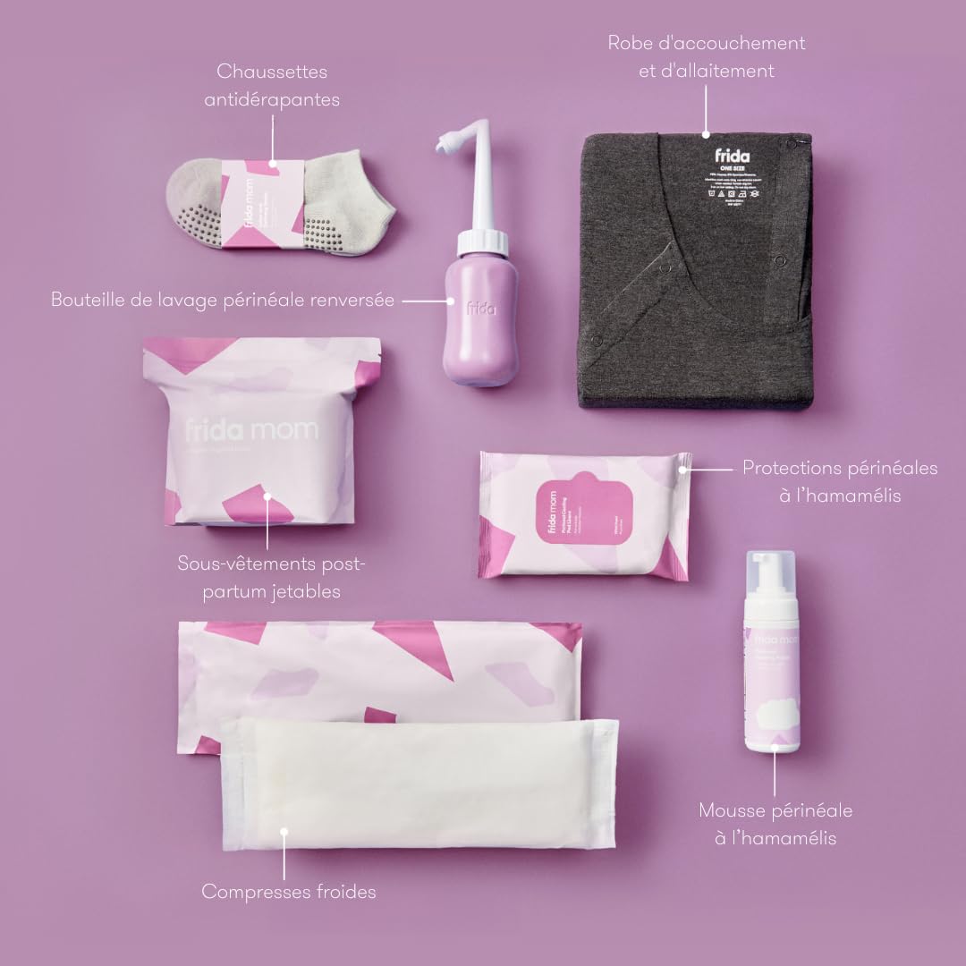 Frida Mom Kit Complet 3 Phases travail-accouchement-post-partum, cadeau baby shower avec chaussettes, bouteille périnéale, chemise, serviettes froides, protège-slips, mousse, 15 pièces