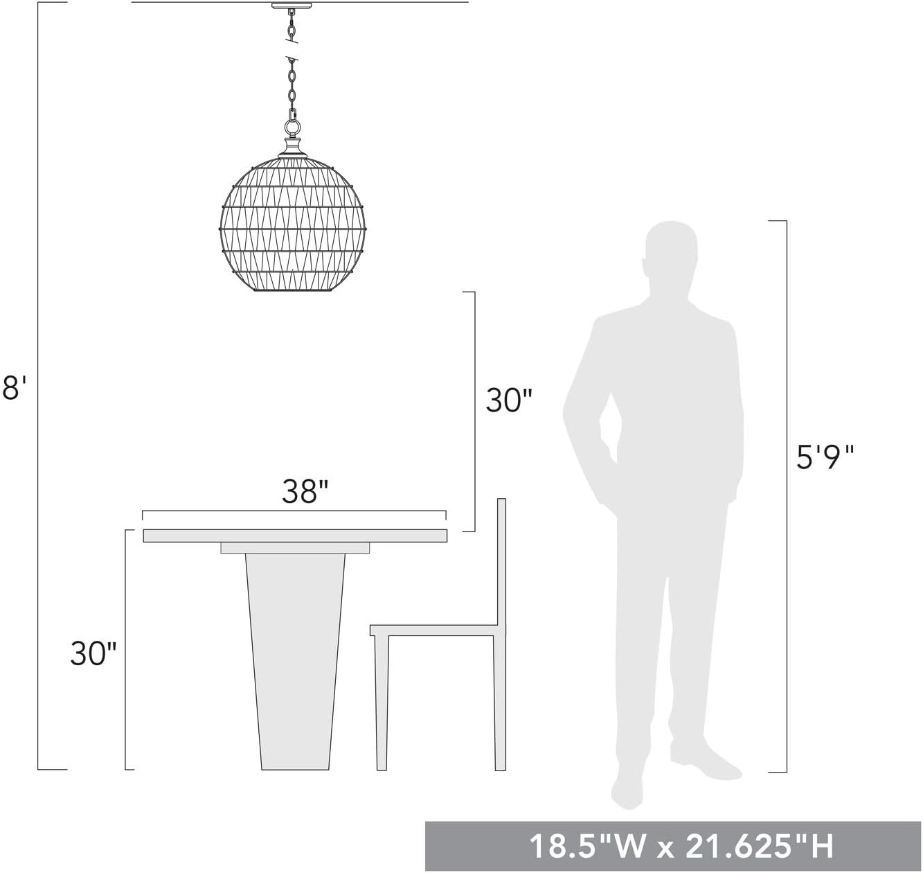 Diagram showing dimensions of the Florence pendant light in relation to a person and a table.