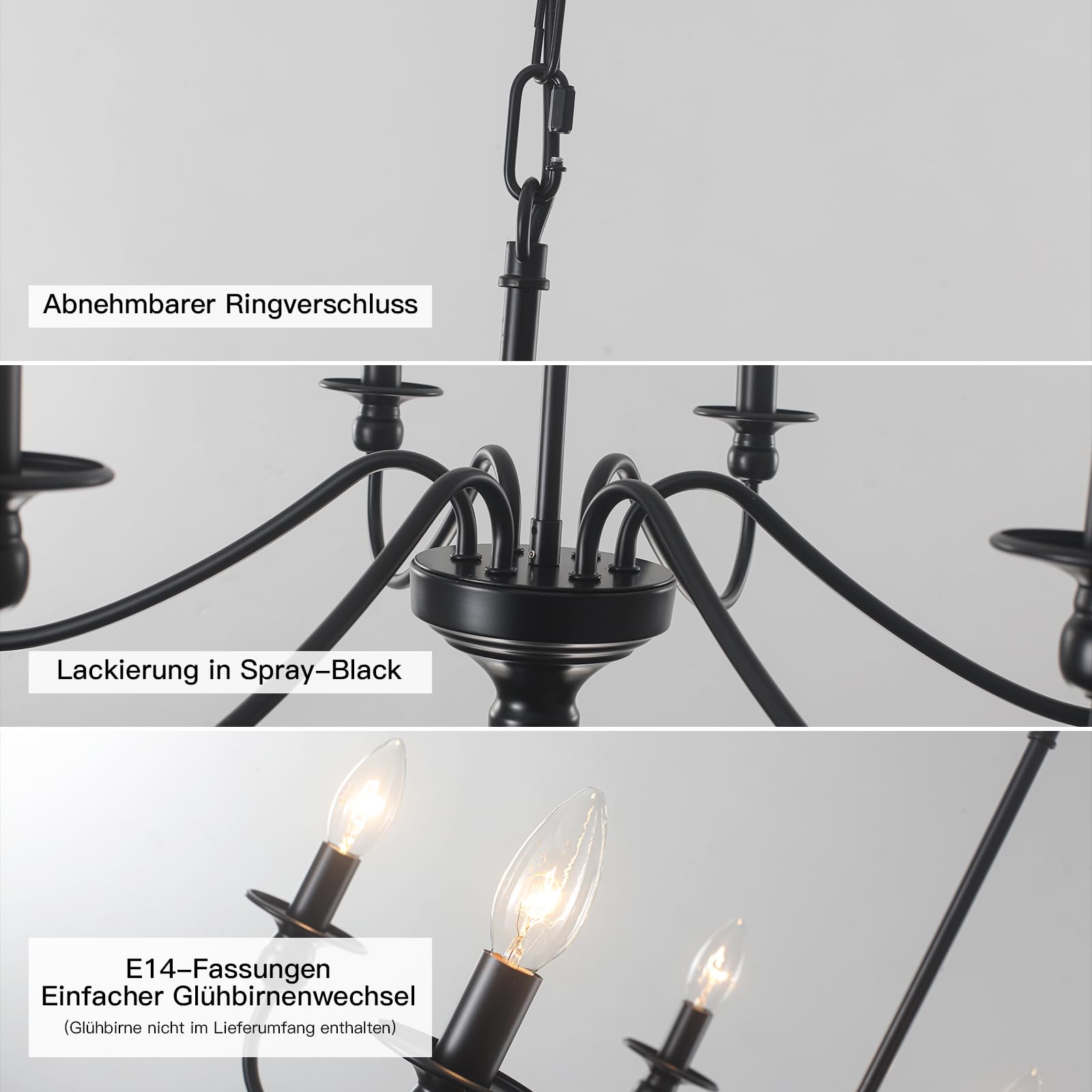 6 Flammig Kronleuchter Vintage Schwarz 72 cm 60W Höhenverstellbar Dimmbar | Kerze Pendelleuchte Esszimmer E14 Fassung,Modern Kronleuchter Hängelampe Wohnzimmer Hängend Lampe für Schlafzimmer Küche Flur