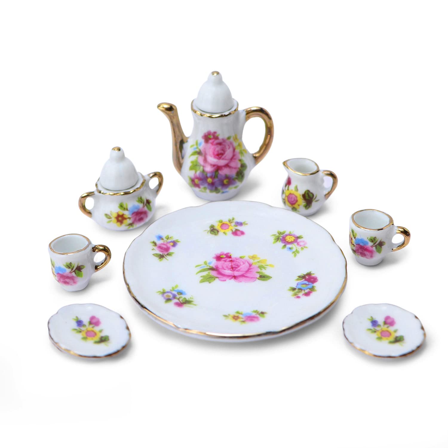 Juego de tazas de té para casa de muñecas, a escala 1:6, accesorios para casa de muñecas en miniatura, 8 piezas, patrón de flores, tetera, plato, juegos de platos, decoración para casa de muñecas 2