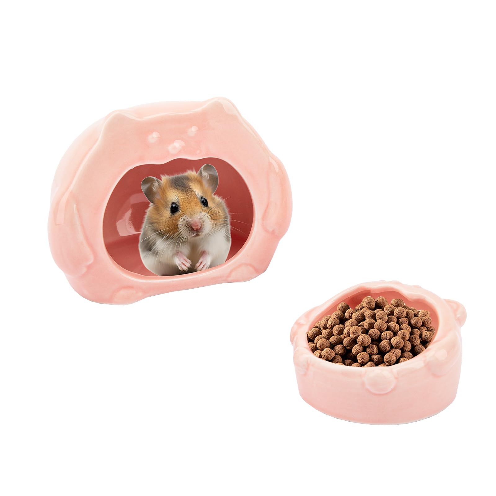 Bear-Shaped Hamster Hideout & Food Bowl Set - Ceramic Habitat for Syrian Dwarf Hamsters, Mice, Gerbils - All-Season Use, Chew-Proof Ceramic House and