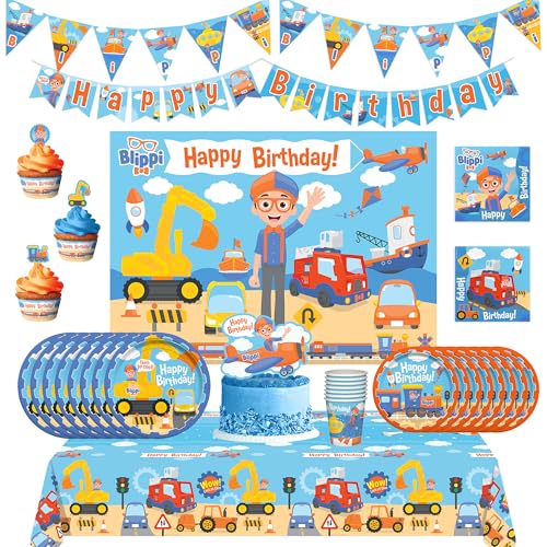 Treasures Gifted Officially Licensed Blippi Birthday Party Supplies - Serves 16 Guests - Ultimate Set Party Supplies - Blippi Birthday Decorations - Dinnerware Set Cake Topper Banners & More