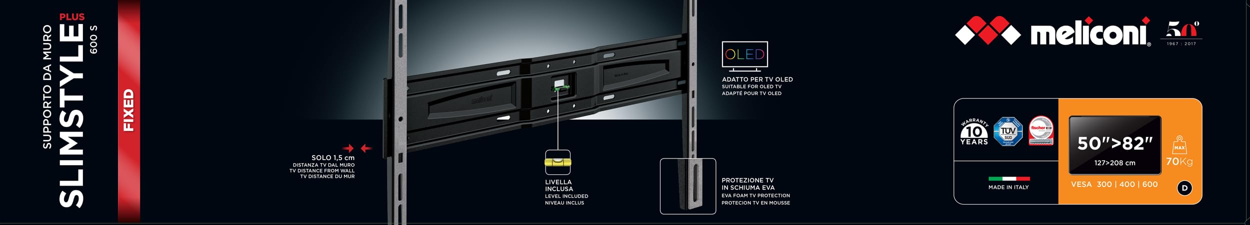 Meliconi Slimstyle Plus 600 S, supporto fisso ultra sottile da parete per TV a schermo piatto da 50’’ a 82’, VESA 300-400-600, colore nero, adatto anche per TV OLED