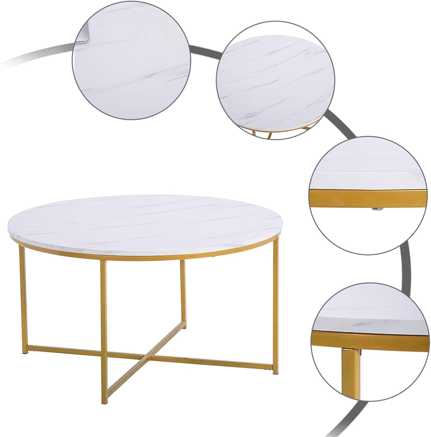 35" Faux Marble Modern Round Coffee Table with Metal Frame for Living Room