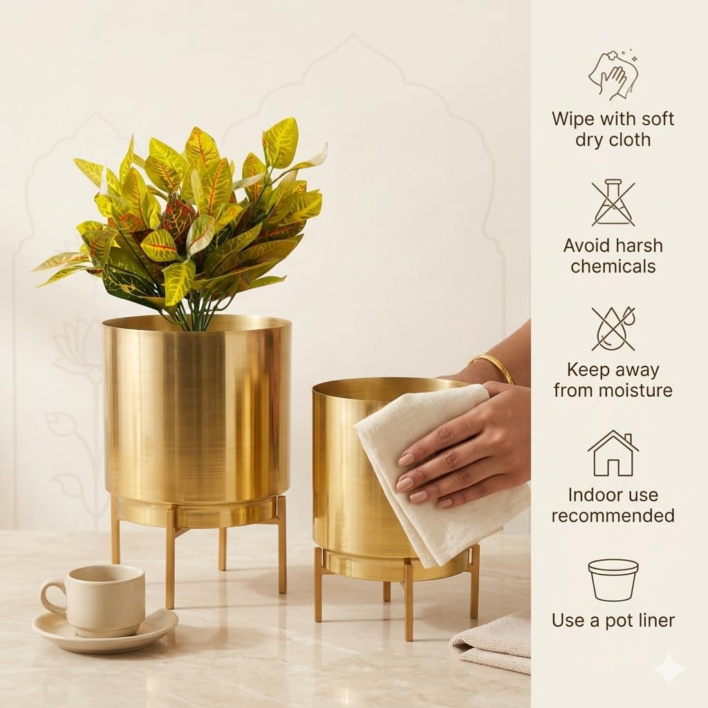 HomeShastra® Ember Gold Metal Planter Set with Stand | 10 Inch & 8 (Height) by 7 Inch & 6 Inch (Dia) | Planters for Living Room, Bedroom Dec (Set of 2) 3