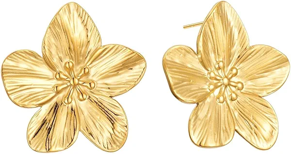 Sylph 14K Gold Plated Gold Flower Stud Earrings for Women, Stainless Steel Large Big Statement Earring 925 Sterling Silver Post Hypoallergenic Floral Earrings Trendy Jewelry Gift for Women