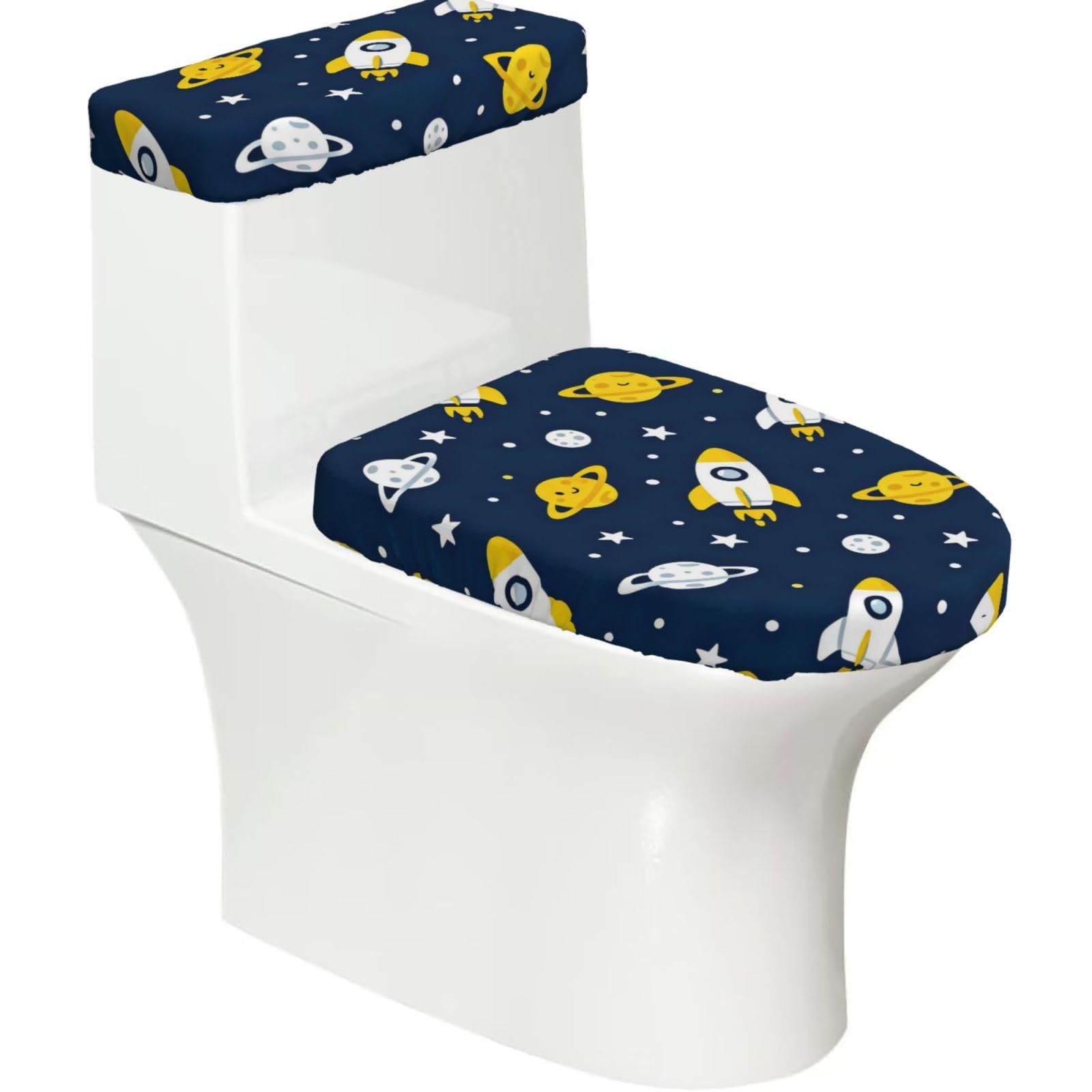 Cntdbu Black Rockets And Planets Stretchy Toilet Lid And Tank Cover Set-Soft Elastic Bathroom Decor For U Shape Oval