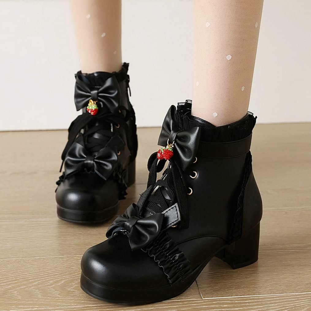 Meefit Women Platform Boots Lace Up Chunky Heel Ankle Boots with Bow Cosplay Winter Shoes - Image 3