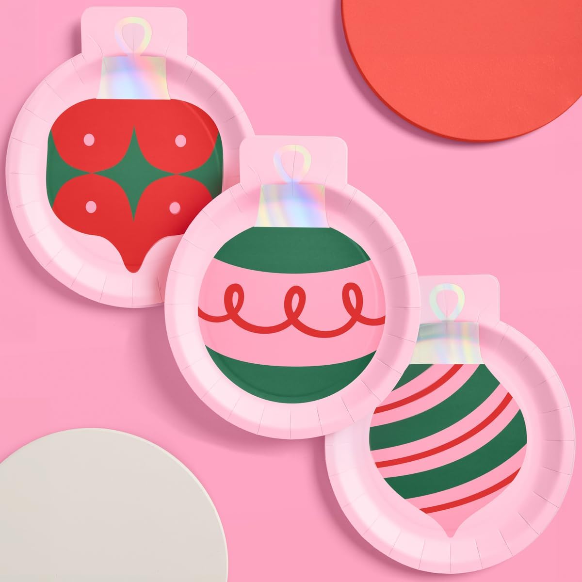 xo, Fetti Christmas Ornament Paper Plates - 24 pcs | Xmas Party Tablescape, Holiday Dinner Setting, Pink Winter Decor