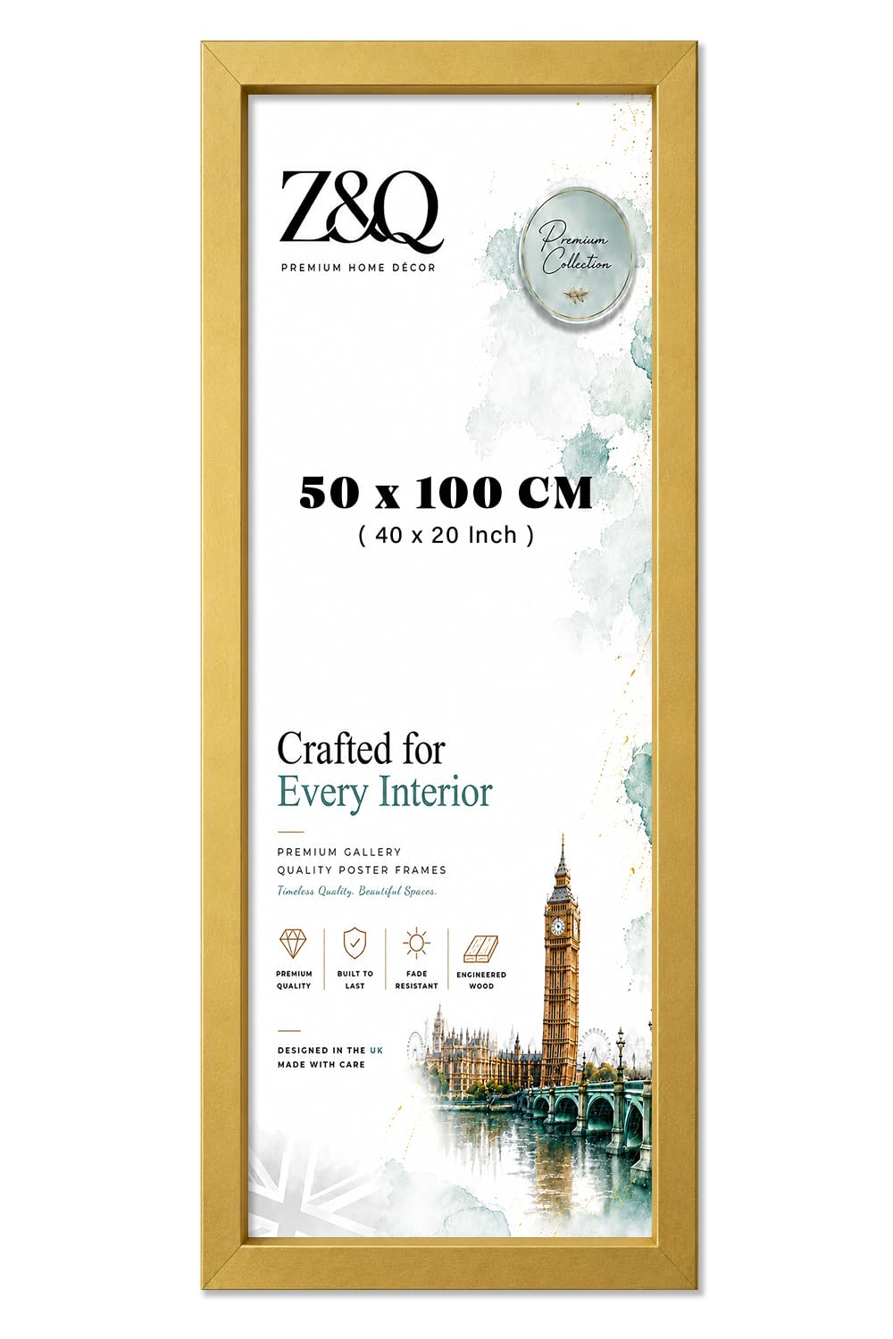 Z&Q Panoramic Poster Holder 40 X 20 Inch Gold Finish With Engineered MDF Backing For Wall Gallery Hanging Portrait Or Landscape Living Room Modern Slim Border For Art Display With Easy Mount Kit