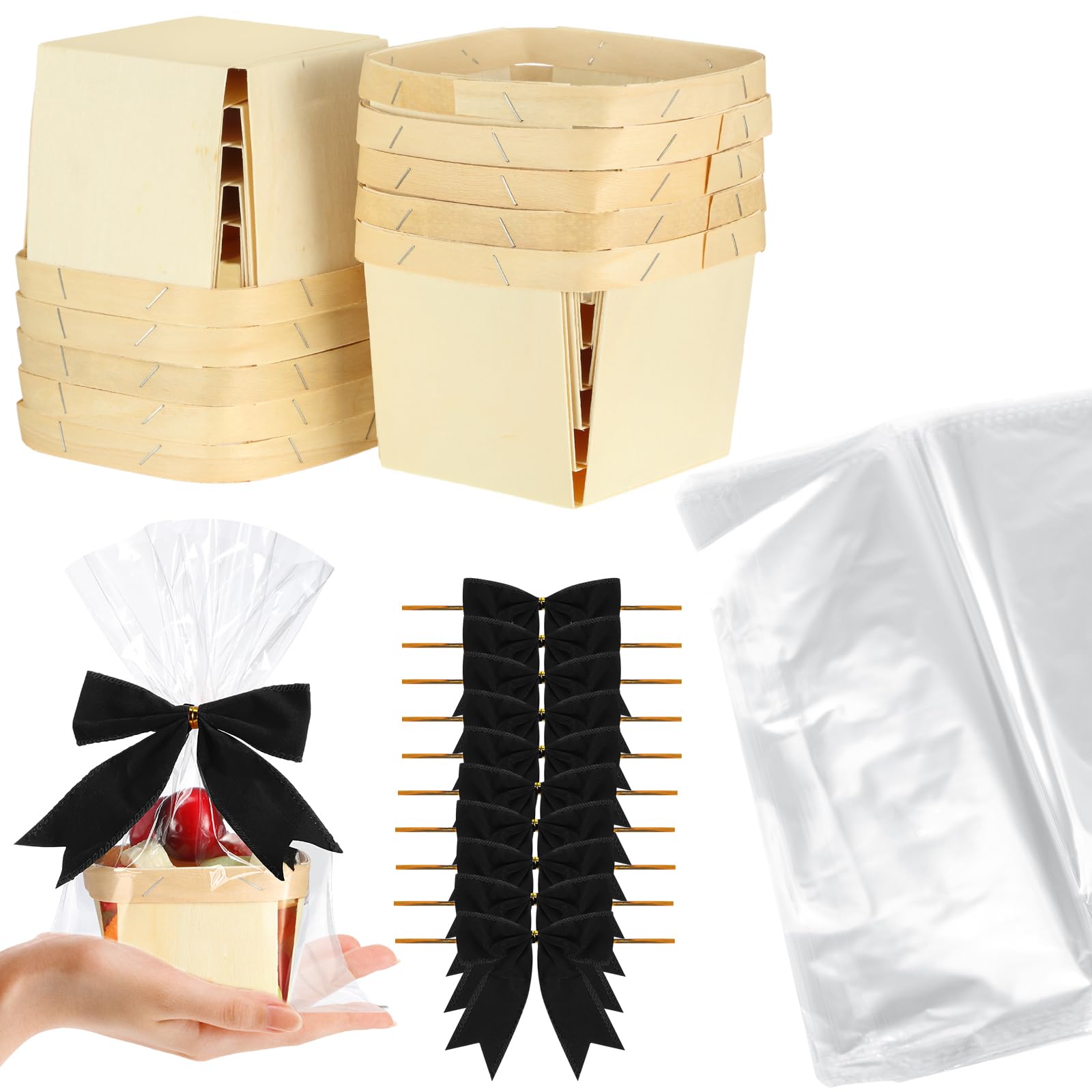 Yerliker 10 Set Wooden Mini Baskets for Gifts Bulk Empty Small Baskets Berry Basket Bows Clear Treat Bags for DIY Picking Wedding Birthday Baby Shower(4 Inches,Velvet,Black)