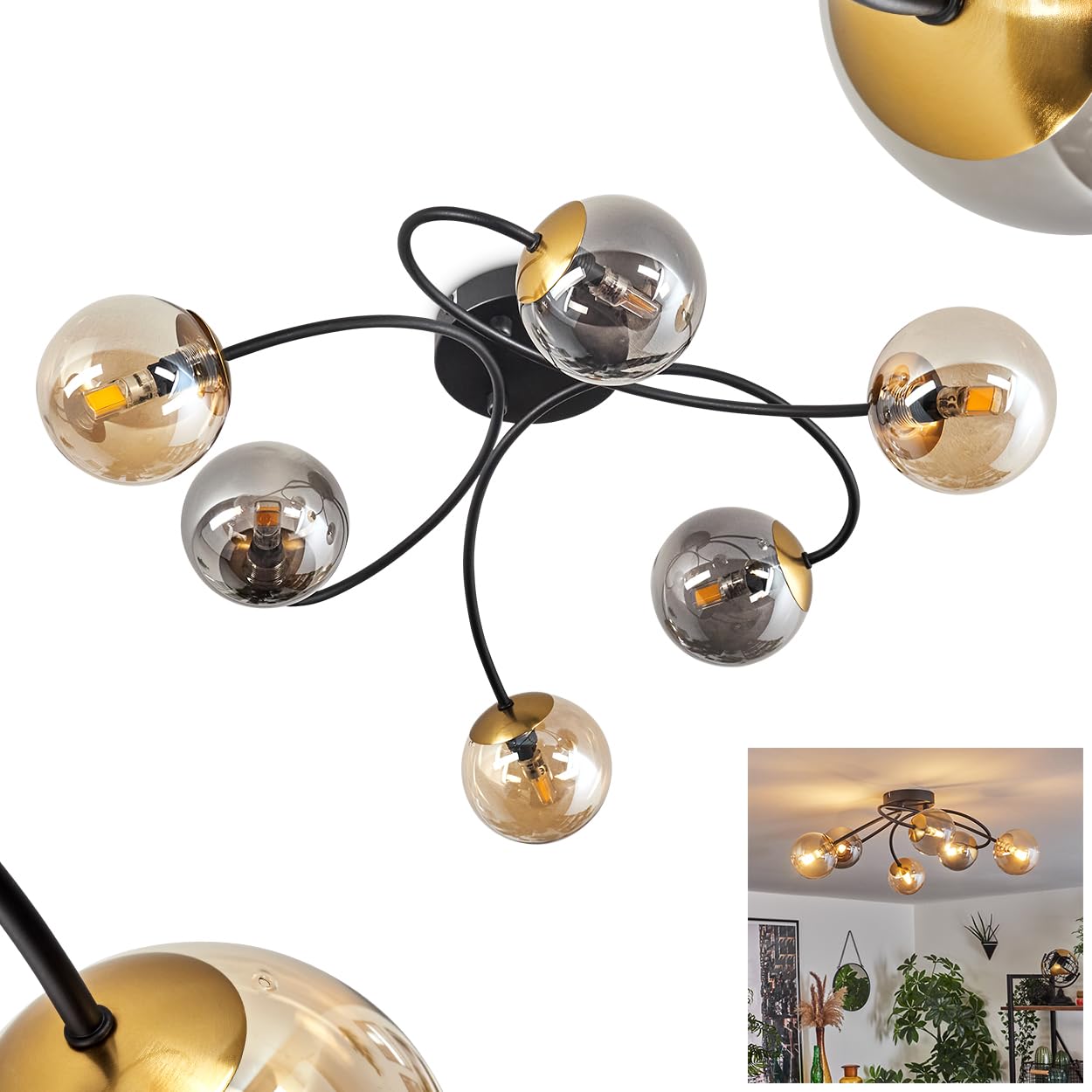 Chehalis Ceiling Light, Ceiling lamp Made of Metal/Glass in Black/Gold/Smoke/Amber, Retro/Vintage Design luminaire with Glass Shade (Ø 10 cm), 6 x G9 LED, Without Bulb
