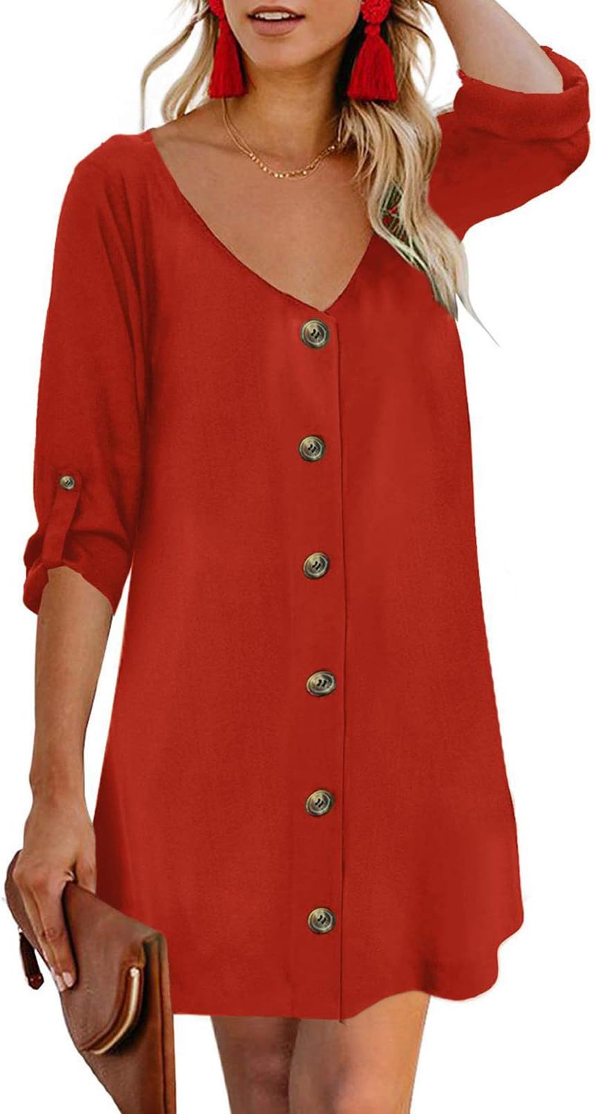 AlvaQ Women Tunic Dress Summer V Neck Short Sleeve Loose Button Down A Line Swing Mini Dresses Fashion 2024 Red Large