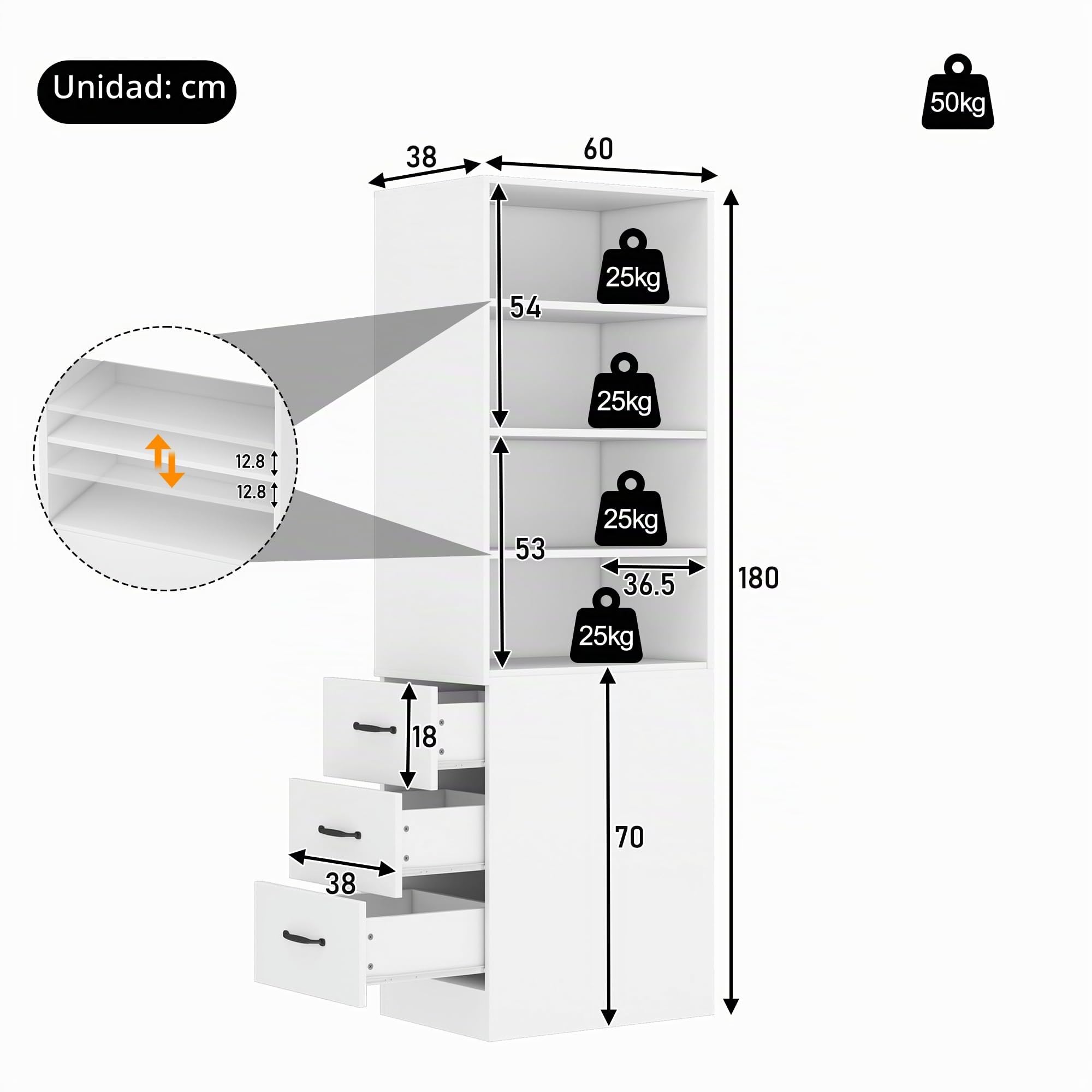 Estantería de 180 cm de altura, extra estrecha con cajones laterales. Estantes ajustables, intercambiable a izquierda y derecha, adecuada para espacios pequeños, armario alto, estantería para