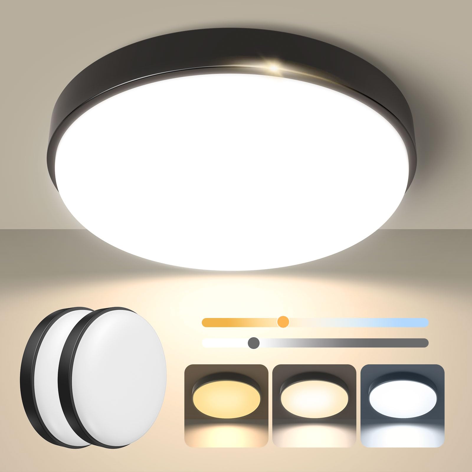OOWOLF Led Ceiling Light - 2 Pack 24W 2400LM Metal Base 3000K/4000K/5000K Waterproof IP44 Fitting for Bathroom Bedroom, Kitchen, Hallway, Living Room, Toilet, Shower (2, Black)