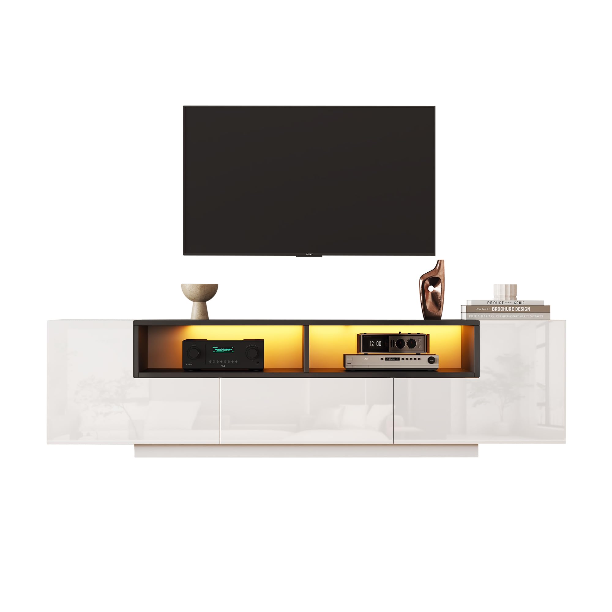180 x 40 x 48 cm, armario de TV con forma de L y cajones, armario de salón, adecuado para televisores de 75 pulgadas, blanco y negro