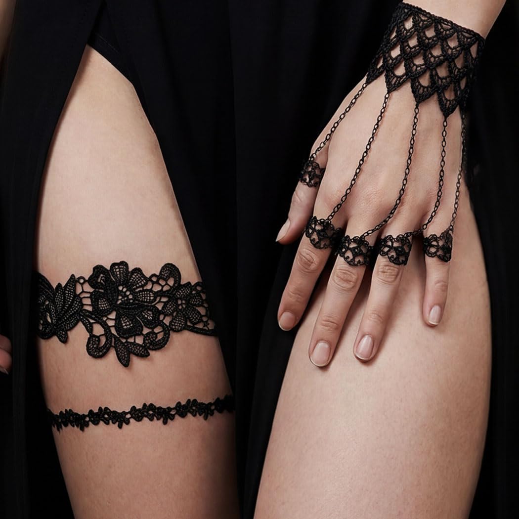 Black Lace Garter with Claw Chain Gothic Finger Nails Tip Claw Rings and Thigh Garters Floral Garter for Women: 2