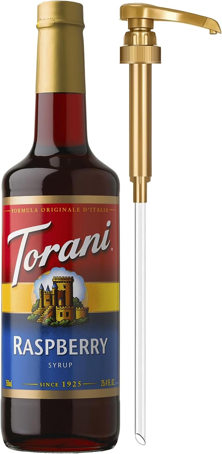 Torani Red Raspberry Syrup for Drinks, Flavoring for Iced Tea, Sodas, Cocktails, and Milk Shakes, Glass Bottle with Pump Included, 25.4 Fl Oz