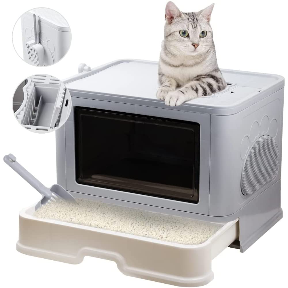 Bac à Litière pour Chat,Grande Maison de Toilette Chat Pliable avec Couvercle,Bac de Tiroir et Pelle à Litière,Portable,WC pour Chats avec Couvercle (48.5 * 36.5 * 38cm PP-Gris)