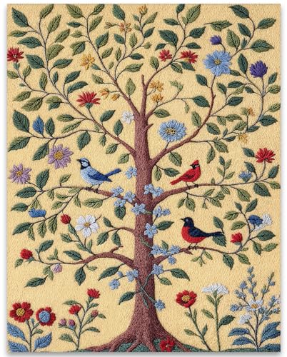 Birds of a Feather Tree - Embroidery-Style Artwork 11x14 Unframed