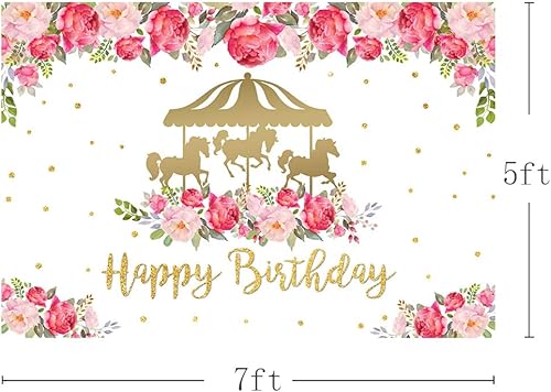 Miniatura 3 de Telón de fondo dorado de 7 x 5 pies con temática de carrusel de feliz cumpleaños para niña, flores rojas y rosadas, decoración de fiesta de