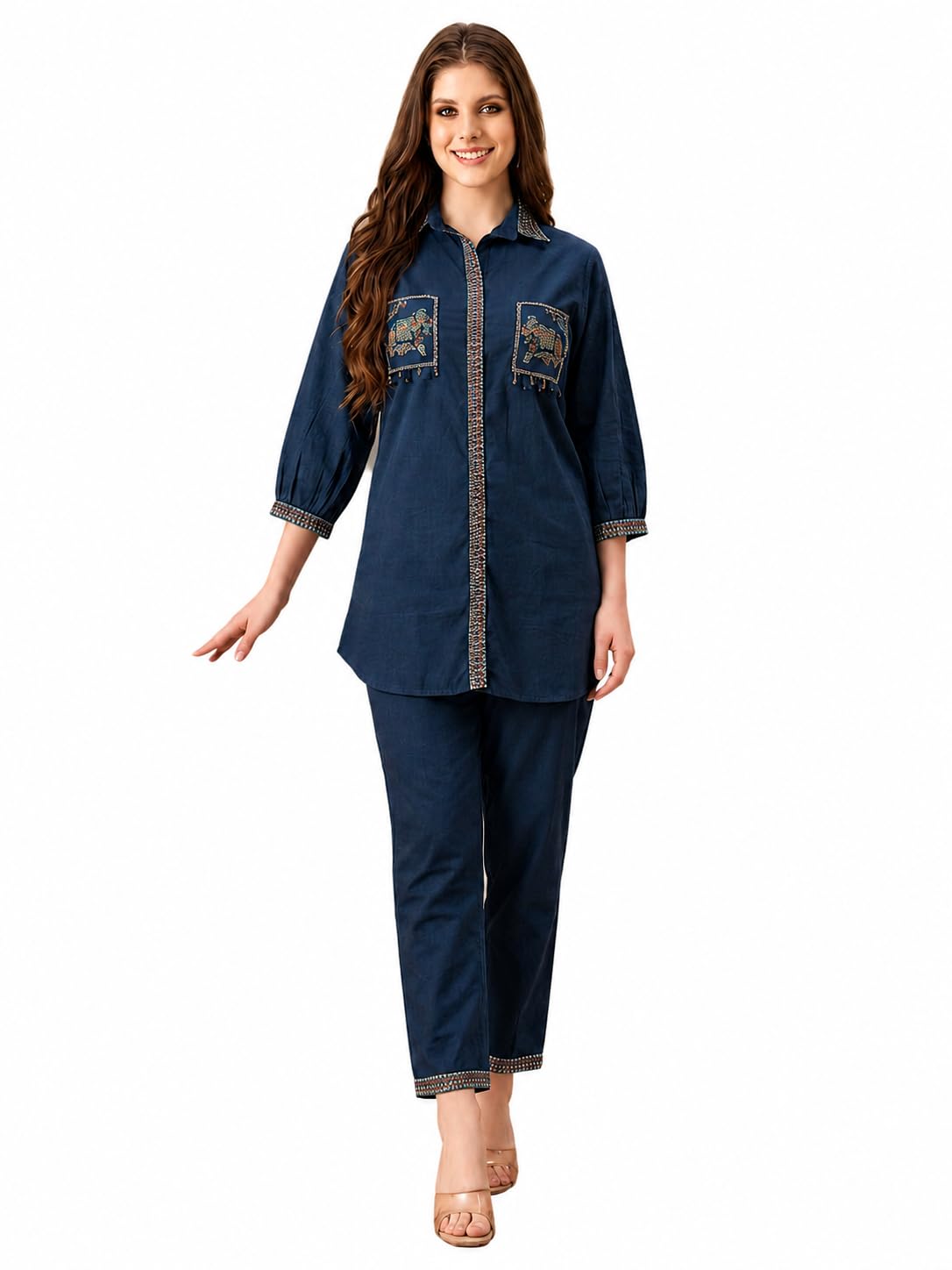 Elephant Embroidery Co-ord Set, Navy Blue, Premium Linen, Tunic and Trouser, Mirror Work, Azure Collection-image-47