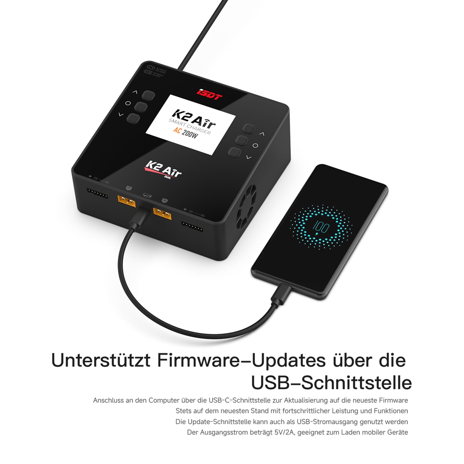 ISDT K2 Air Bluetooth Lipo Ladegerät,AC 200 W DC 500 W x 2 20 A Smart Balance Entlader/Ladegerät,Zweikanal-Schnellladegerät für Life/Lilon/LiPo/LiHv 1-6S,Pb 1-12S,NiMH/Cd 1-16S Akkus