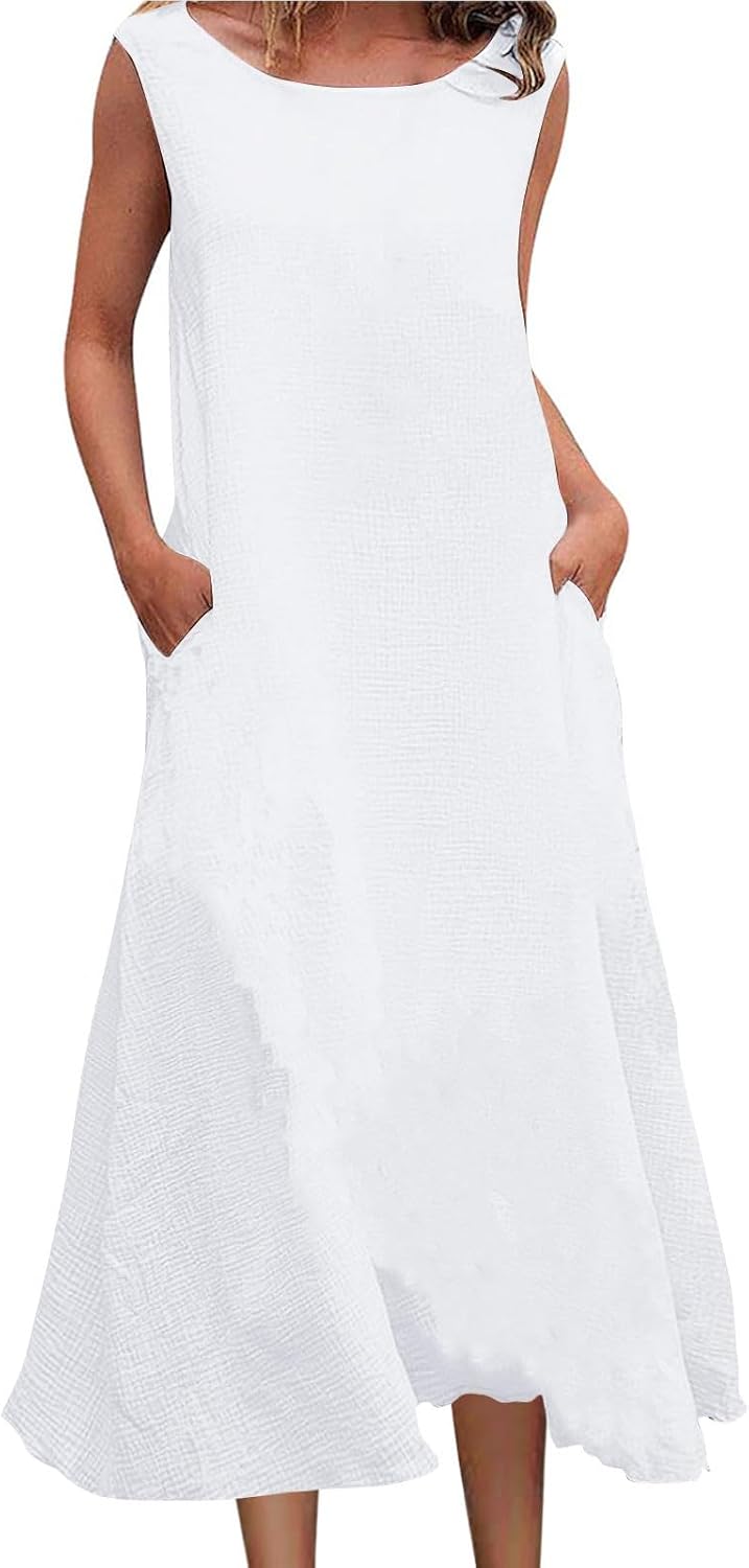 Womens Cotton Linen Dress Summer Solid Sleeveless Scoop Neck Tank Dresses Plus Size Flowy Beach Dress with Pockets