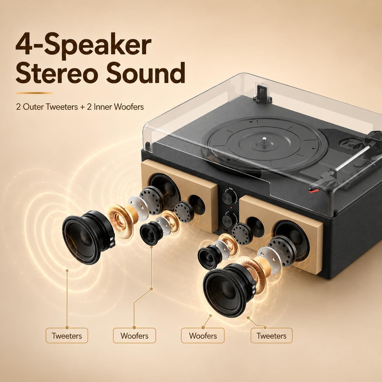 VinylsLink Vinyl Record Player Bluetooth Turntable with 4 Built-in Stereo Speakers, 3-Speed LP Player, Auto Stop, RCA Output, AUX Input, PC Recording, Headphone Jack, Classic Black image 3