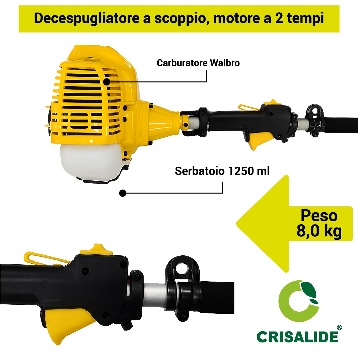 Crisalide Desbrozadora de explosión de 43 cc – Motor de 2 tiempos con carburador Walbro, hoja de 3 dientes y cabezal de nailon – Mango ergonómico, longitud 160 cm, peso 8 kg – Corte preciso