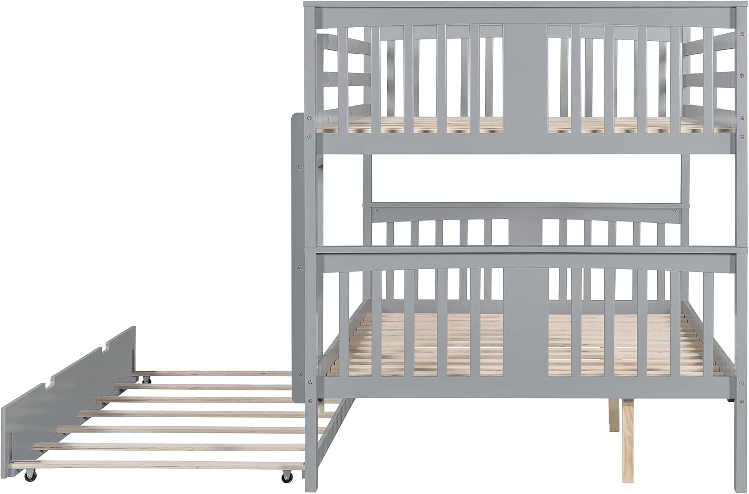 Merax Full Over Full Bunk Bed with Twin Size Trundle, Wooden Bunk Bed Frame with Ladder and Guardrail, Can Divided 2 Beds, No Need Box Springs, Gray