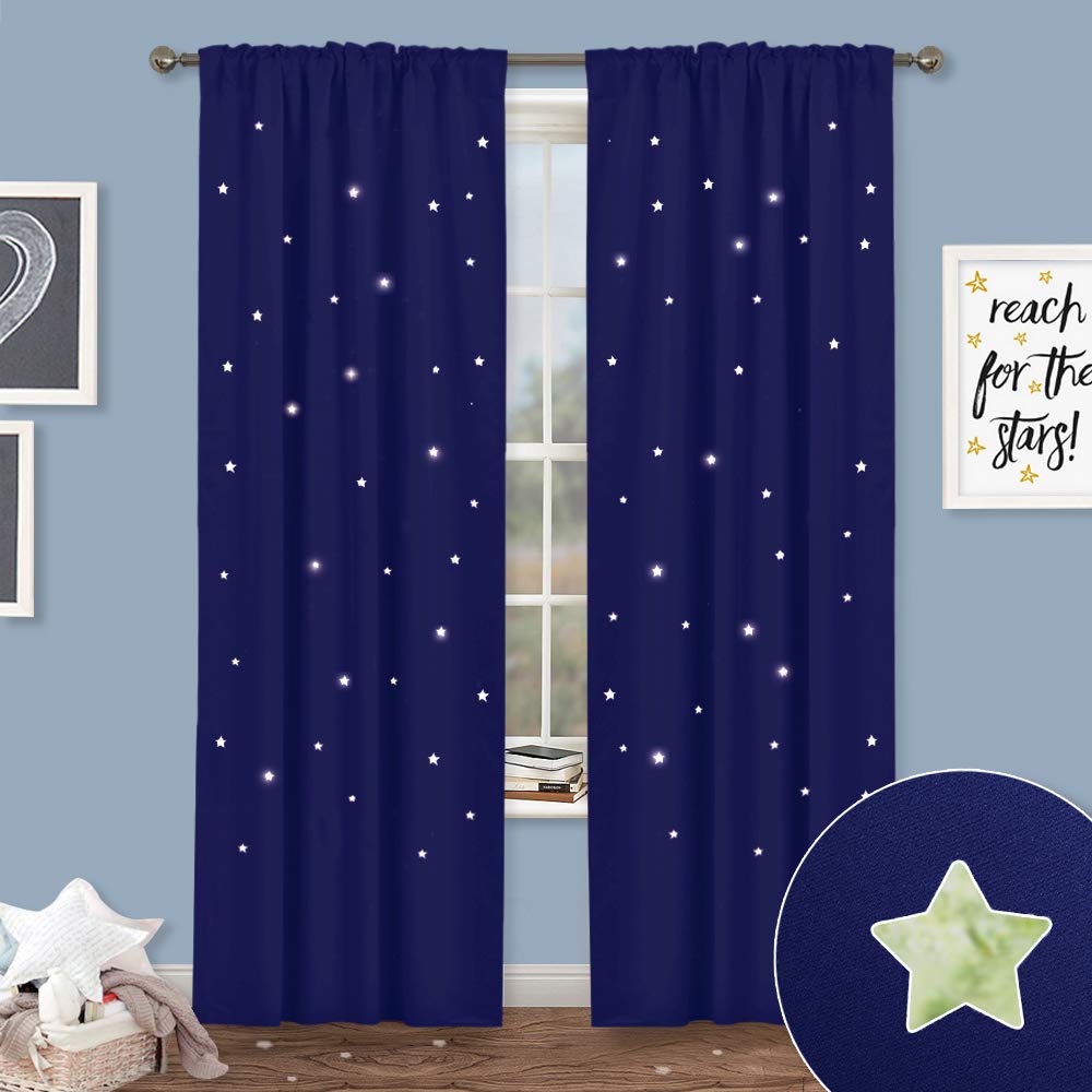 NICETOWN Blue Blackout Curtains 84 inches - Hollow Stars Nap Time Essential Nursery Curtain Panels, Creative Space Decoration Twinkle Stars Window Drapes for Kids Bedroom, Navy Blue, Set of 2, 52 Wide