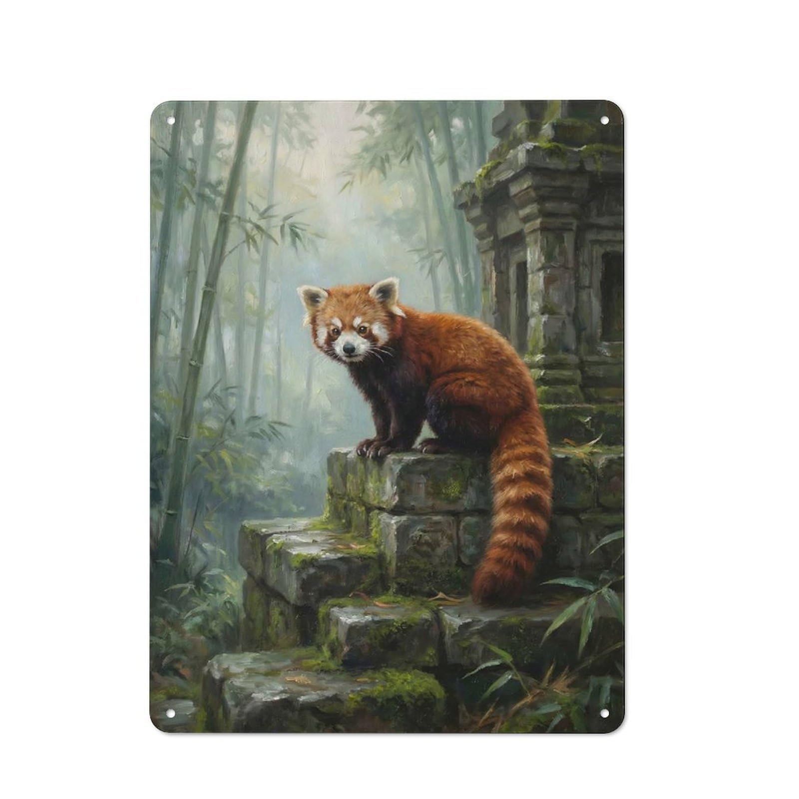 Junmoney Style-11 Red Panda On Ancient Stone Structure Barn Style Metal Wall Decor 40X30cm, Country Metal Sign For Kitchen, Cottage, Porch Or Garden Room