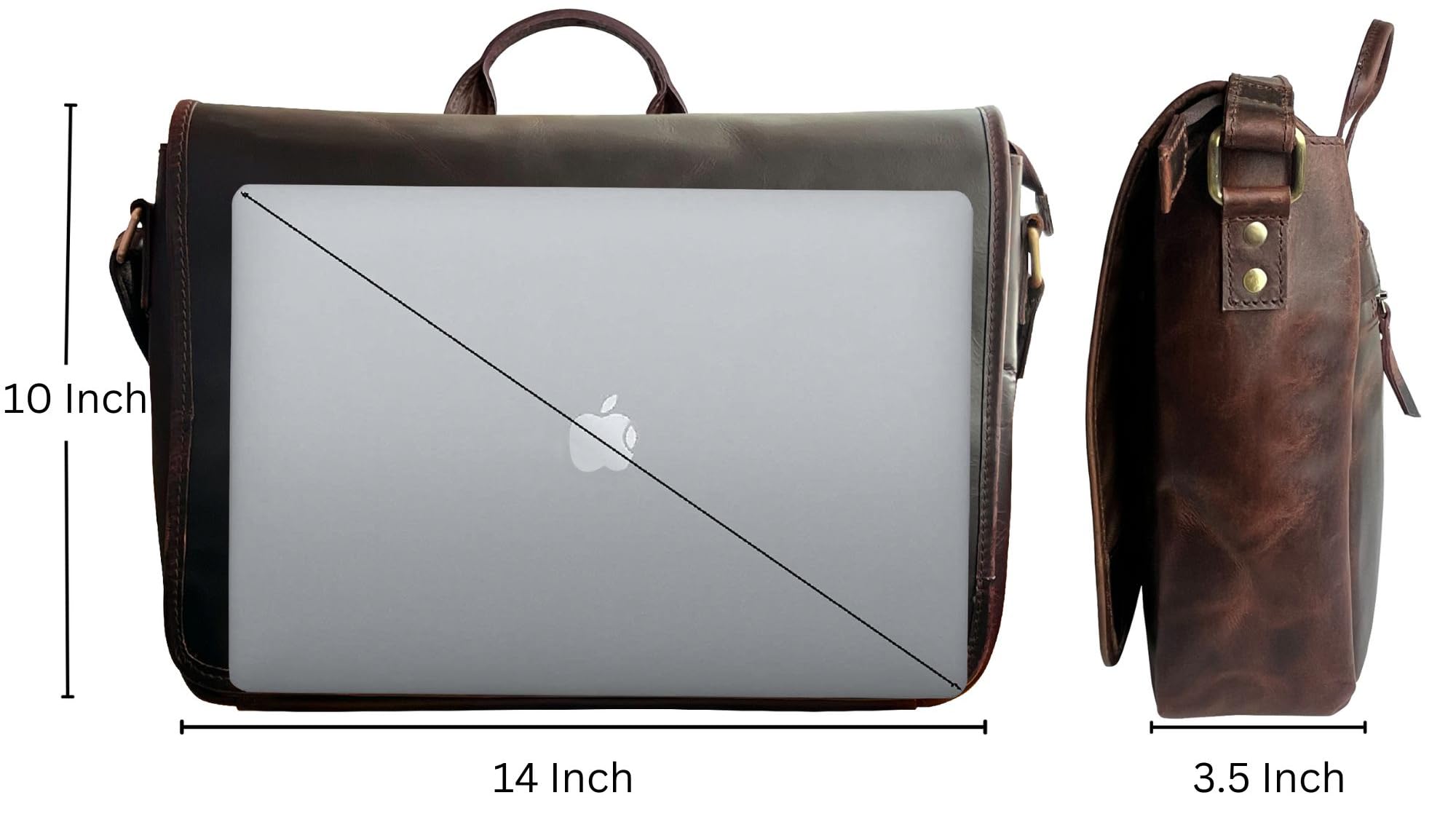 Leather Messenger Bag for Men 14 inch Leather Laptop Bag Vintage Crossbody Office Satchel Travel Shoulder Bag, Dark Brown