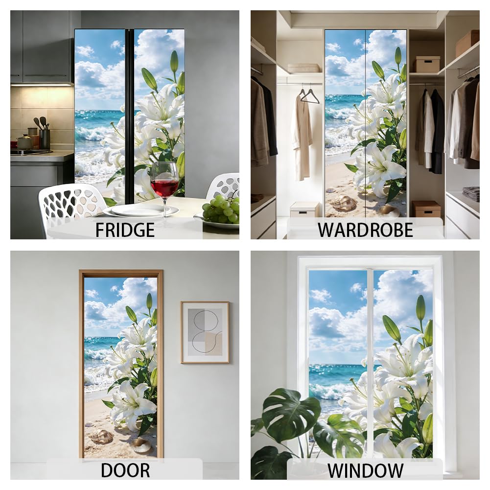 Pegatinas para puerta de playa, lirios, vinilo, decoración de pared, 2 unidades, lindas e impermeables, autoadhesivas, para dormitorio, sala de estar, armario, decoración, 200 x 40 cm