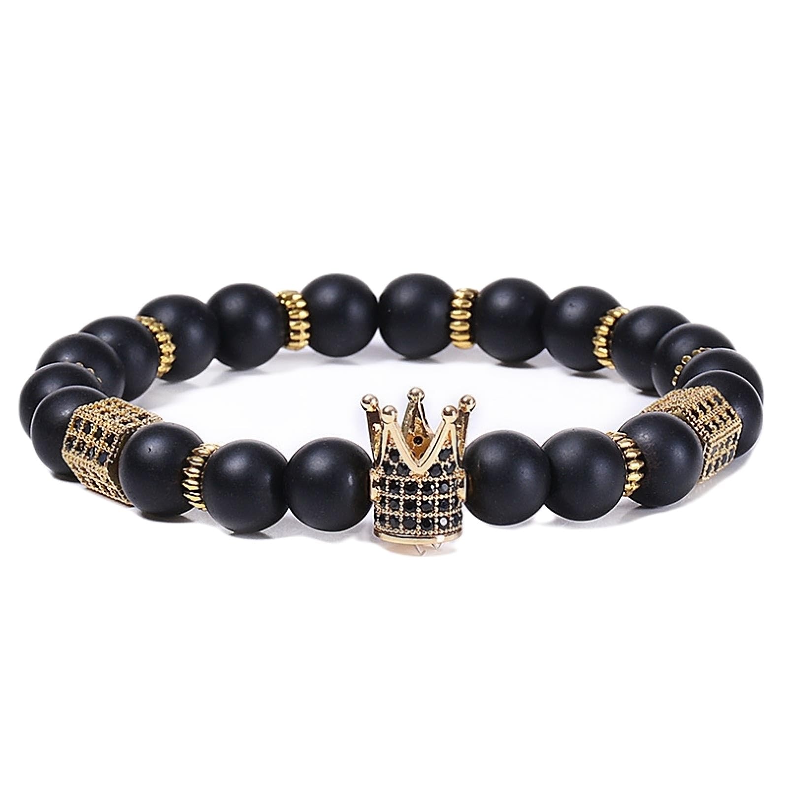 Wycian Perlen für Armbänder Naturstein, Armband Schwarz Elegant Kristall Metalllegierung Elastische Natursteinperlen mit Krone 18cmx8mm Naturstein Hochzeit