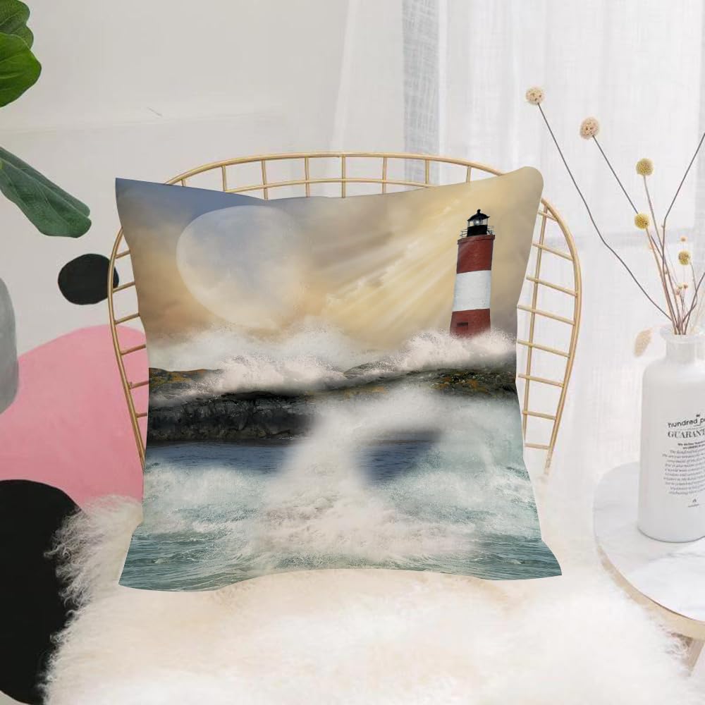 HYOSXW Cushion Cover,Throw Pillow Case Home Decorative for Living Room Bedroom Sofa Chair 16X16 Inch,Lighthouse, stormy sea oil painting splashing the moon and the,Pillowcase 40X40cm