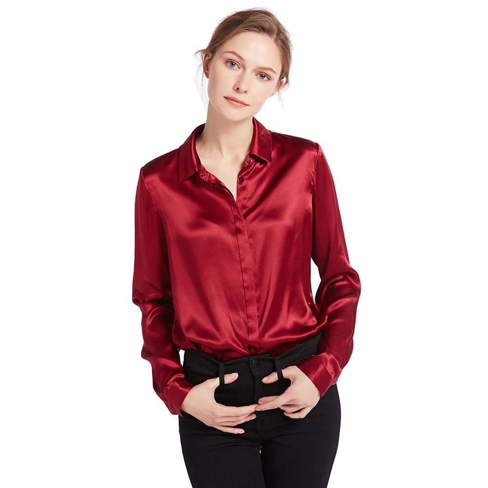 LilySilk Damen Hemdbluse Seide Elegant Sommerliche Damenbluse Shirt mit Verdeckter Knopfleiste von 22 Momme Oberteile Business Verpackung MEHRWEG L Weinrot