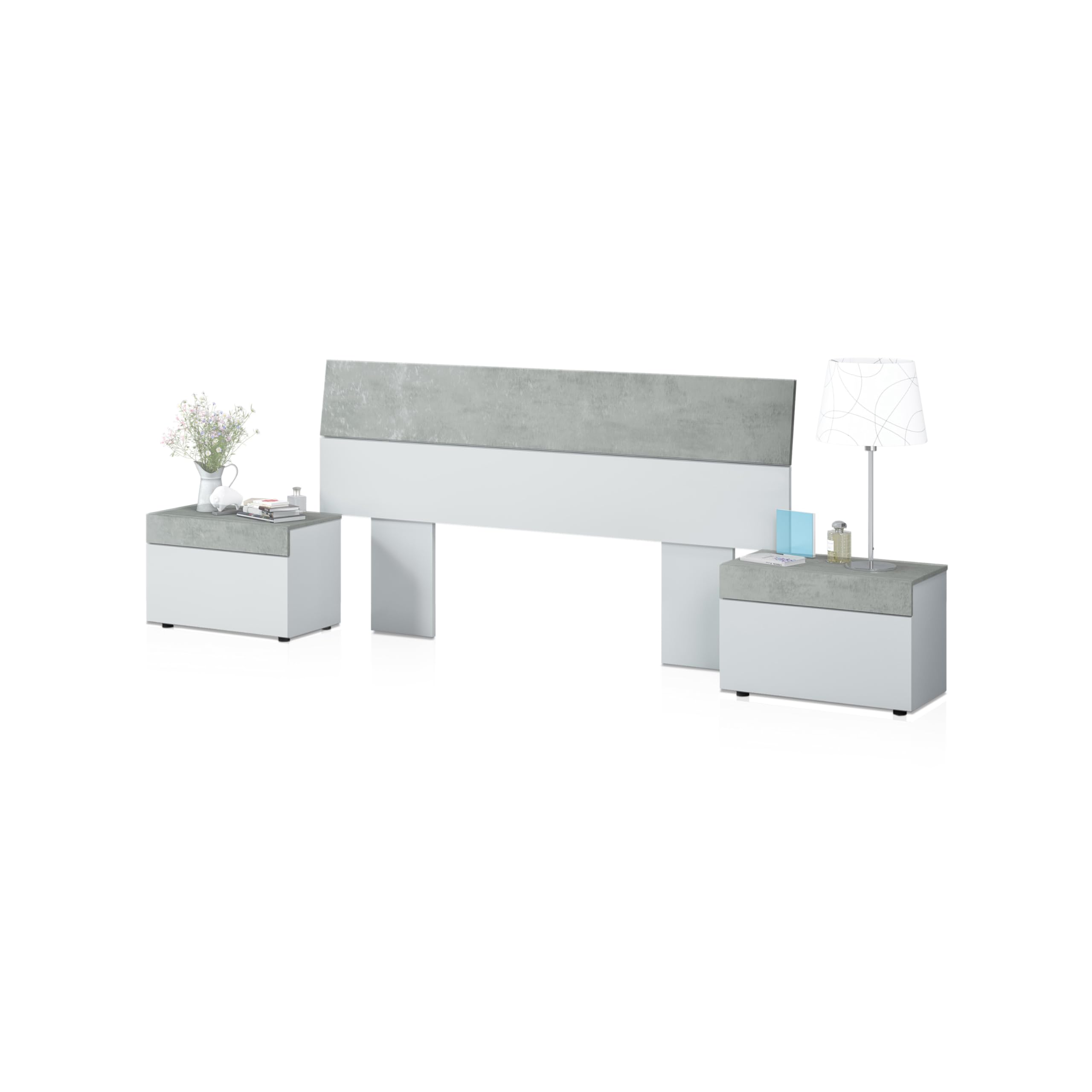 duehome | Cabecero con 2 mesitas, Dormitorio, Modelo Axel, Acabado en Blanco Artik y Gris Cemento, Medidas: 176 cm (Largo) x 96,5 cm (Alto)