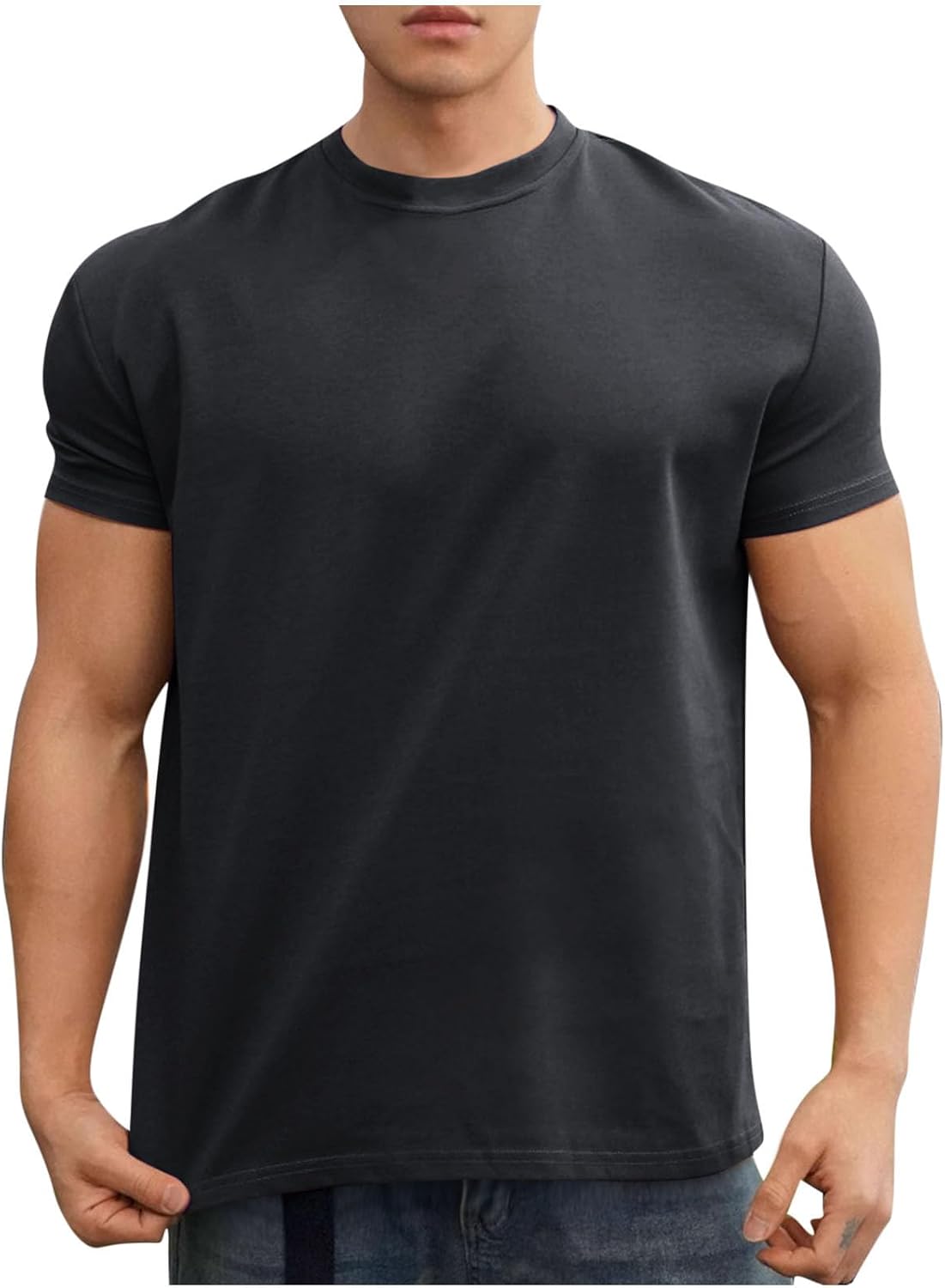 Men's Short Sleeves Athletic Shirts Summer Fashion Solid Color Round-Neck Gym Sport T-Shirts Tops Basic Tees Shirt