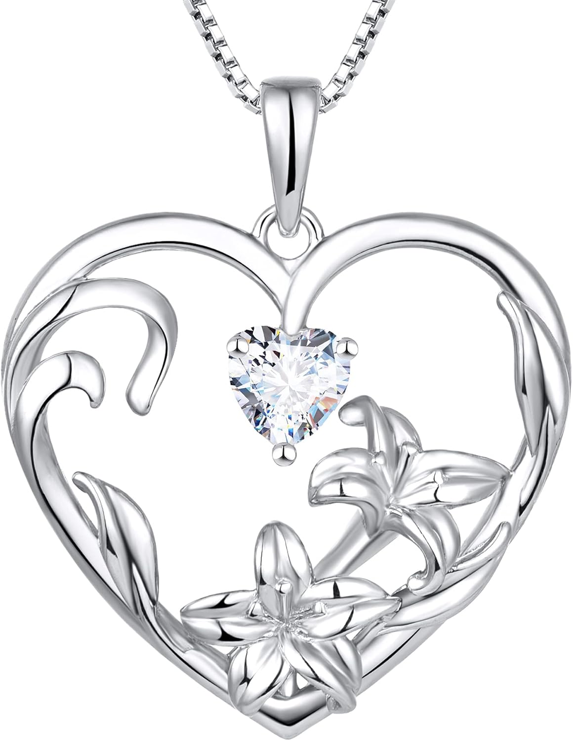 YL Women's Birth Flower Necklace 925 Sterling Silver Love Heart Pendant Gemstones Jewelry