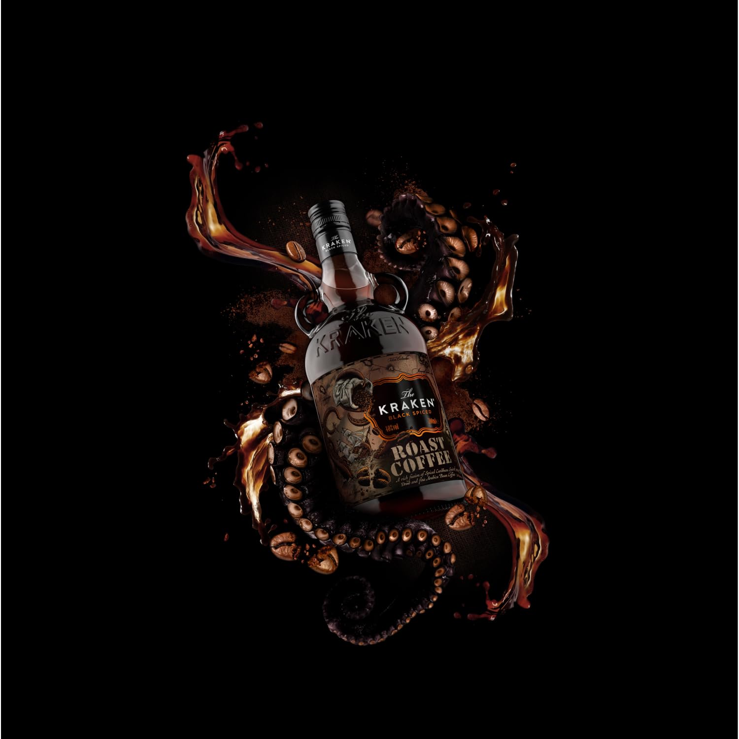 The Kraken Black Spiced Roast Coffee 70 cl - Una ricca miscela di rum caraibico, spezie esotiche e pregiati chicchi di caffè Arabica. 40% vol.