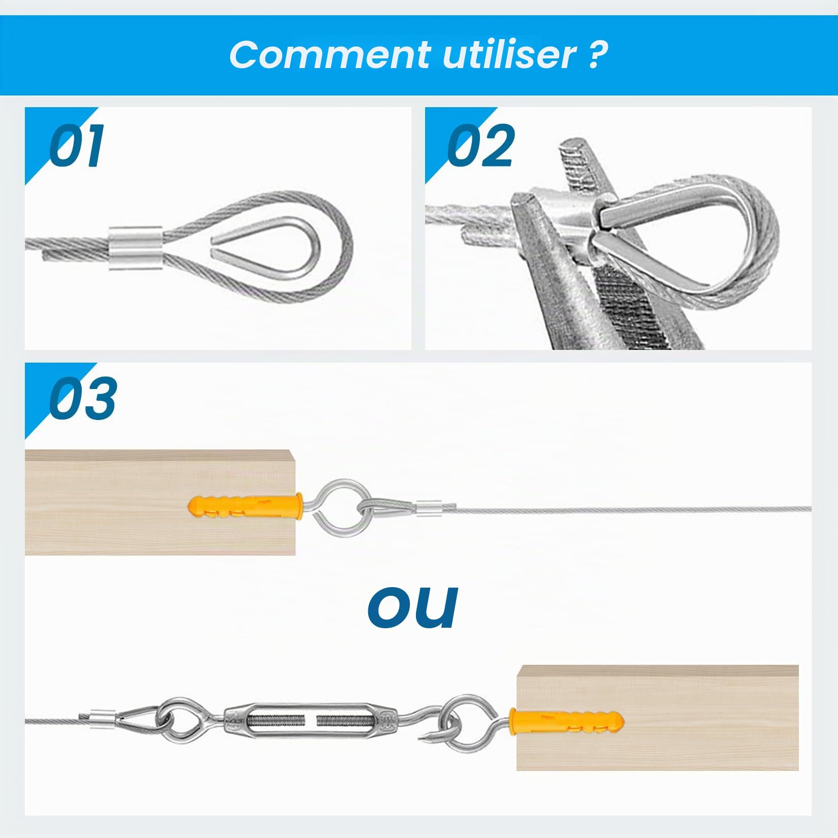 50M Corde en Acier Inoxydable à Suspendre Kit, Câble en Acier Inoxydable Revêtu avec M5 Tendeurs, Kit Cable Metallique pour Plantes Grimpante, Extérieur Suspension, Corde a linge, Lustre D'ExtéRieur