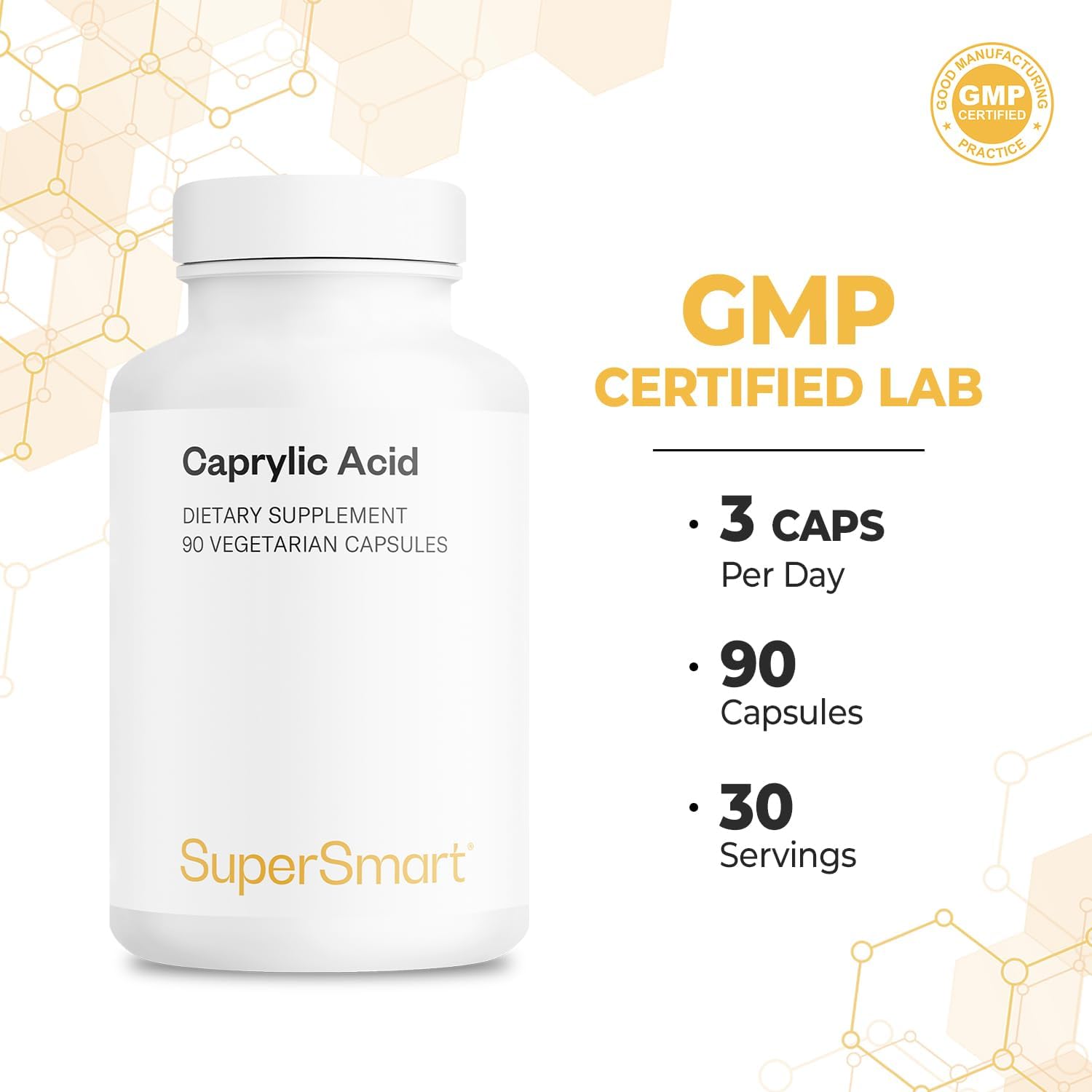Supersmart Caprylic Acid Supplement 1350mg per Day (from MCT Oil) - Medium-Chain Triglycerides Saturated Fatty Acid - Octanoic Acid | No-GMO & Gluten Free - 90 Vegetarian Capsules