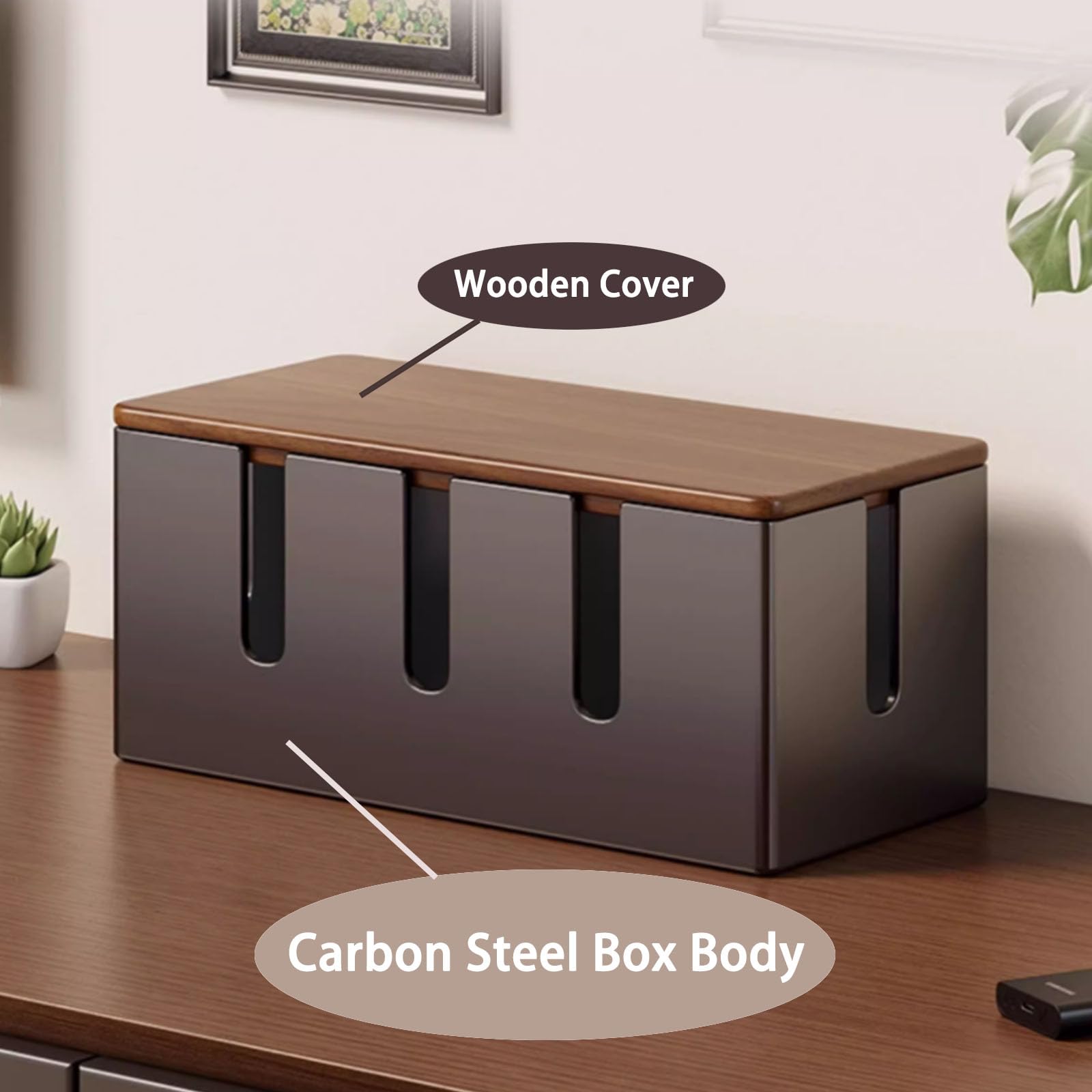 Kabelmanagementbox, Steckdosenleiste, Kabelmanagementbox aus Metall und Holz, 30,5 x 14 x 14 cm, Mehrfarbig(White+Natural Wood Color)