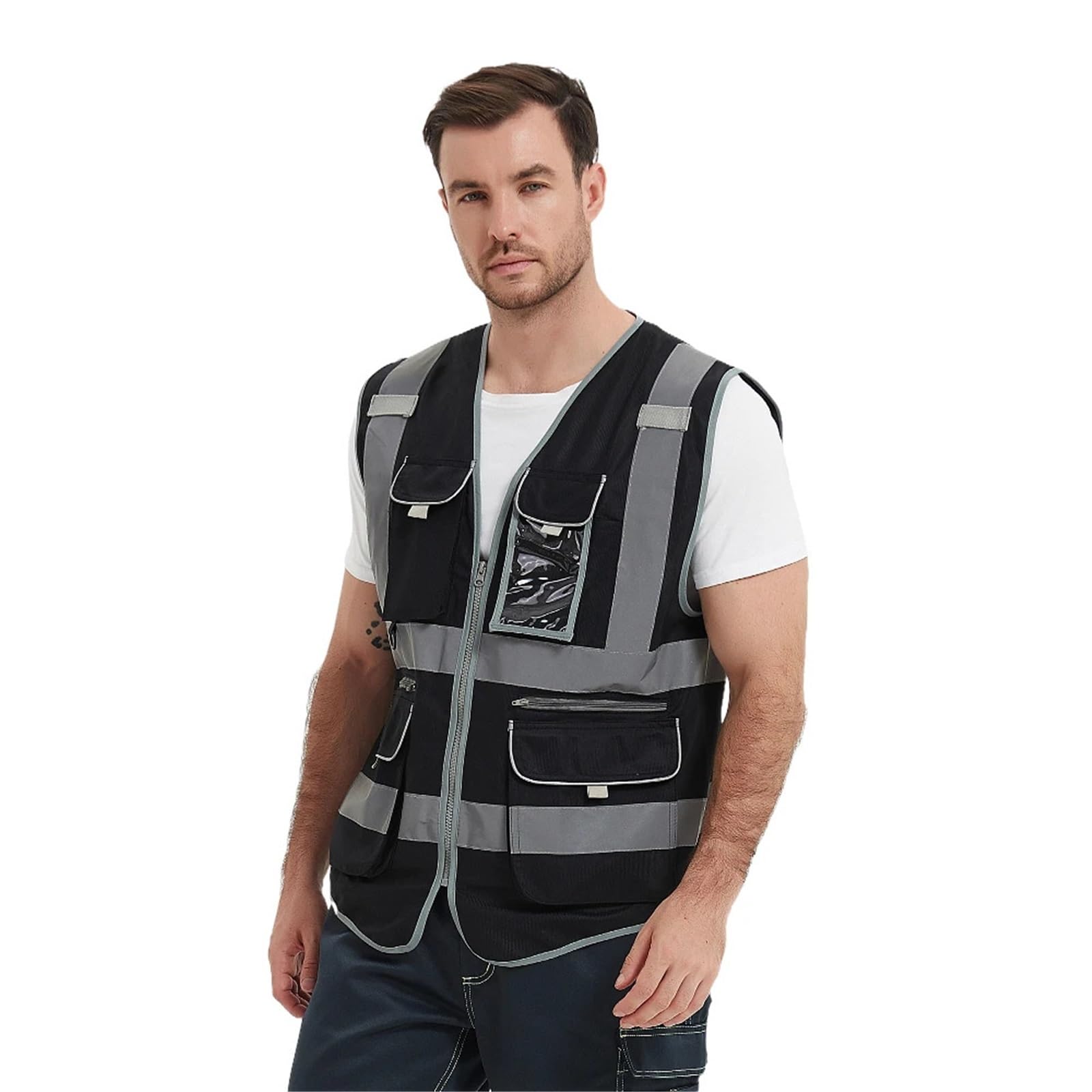 Chaleco Reflectante de Seguridad Azul/Negro con múltiples Bolsillos y Cremalleras for Hombres en Trabajos construcción(Blue,L)