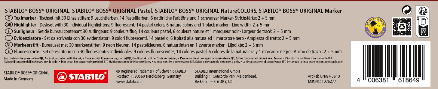 STABILO - Marcador - BOSS ORIGINAL - Set de 30 marcadores, 9 fluorescentes, 14 pastel, 6 en tonos naturales y 1 negro